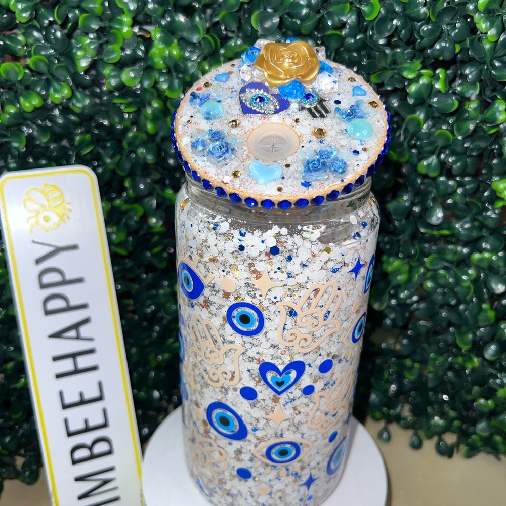 Evil Eye Glitter Snowglobe Cup - Blue & Gold Accents 16oz Glass